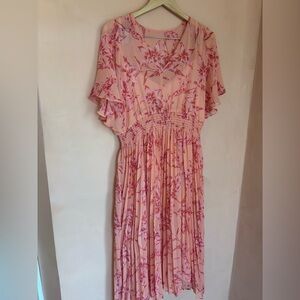 Taylor Peach Pink Floral Chiffon Lined Midaxi Dress Bohemian Romantic Large